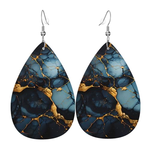 Leder-Tropfen-Ohrringe für Damen, bunter blauer Marmor-Druck, leichte Tropfenohrringe, Schmuckzubehör, Einheitsgröße, Leder von GUHAOT