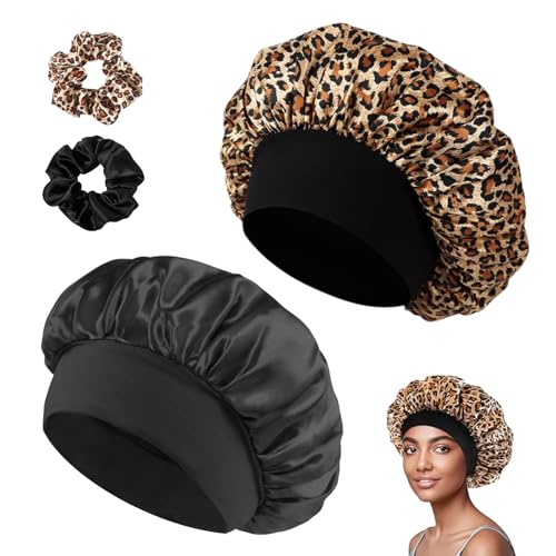 Set aus Satin Schlafmützen Nachtmützen mit breitem Gummizug, Satinkappe geeignet für Frauen mit langen Haaren, inklusive 2 Duschhauben + 2 Haarspangen (Schwarz + Leopardenmuster) von GUIGA