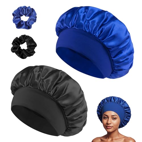 Set aus Satin Schlafmützen Nachtmützen mit breitem Gummizug, Satinkappe geeignet für Frauen mit Langen Haaren, inklusive 2 Duschhauben + 2 Haarspangen (Schwarz + Königsblau) von GUIGA