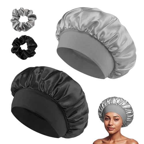 Set aus Satin Schlafmützen Nachtmützen mit breitem Gummizug, Satinkappe geeignet für Frauen mit langen Haaren, inklusive 2 Duschhauben + 2 Haarspangen (Schwarz + Grau) von GUIGA
