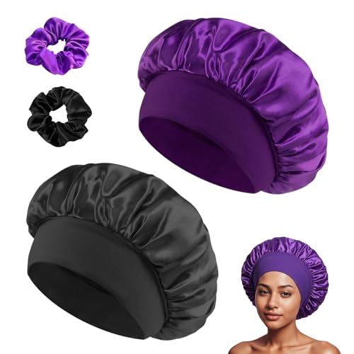 Set aus Satin Schlafmützen Nachtmützen mit breitem Gummizug, Satinkappe geeignet für Frauen mit langen Haaren, inklusive 2 Duschhauben + 2 Haarspangen (Schwarz + Violett) von GUIGA