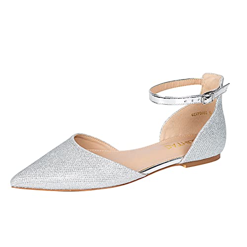 GUIHTAO Flache Schuhe für Damen, spitzer Zehenbereich, bequemer Knöchelriemen, goldfarben, hautfarben, flache Schuhe für Damen, Freizeitkleid, Hochzeit, flache Schuhe, Silber Glitter, 39 EU GUIHTAO Flache Schuhe für Damen, spitzer Zehenbereich, bequemer Knöchelriemen, goldfarben, hautfarben, flache Schuhe für Damen, Freizeitkleid, Hochzeit, flache Schuhe, Silber Glitter, 39 EU von GUIHTAO