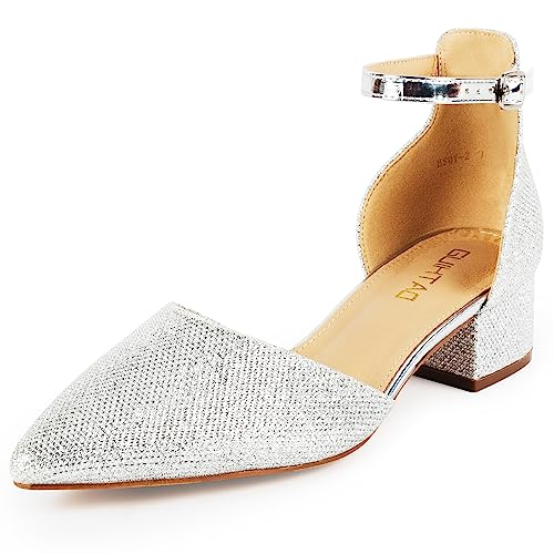 GUIHTAO Damen Pumps Spitze Zehe Niedrige Chunky Heels Knöchelriemen Geschlossene Zehe Gold Nude Schwarz Silber Heels Kleid Hochzeit Pumps, Silber Glitter, 41 EU GUIHTAO Damen Pumps Spitze Zehe Niedrige Chunky Heels Knöchelriemen Geschlossene Zehe Gold Nude Schwarz Silber Heels Kleid Hochzeit Pumps, Silber Glitter, 41 EU von GUIHTAO