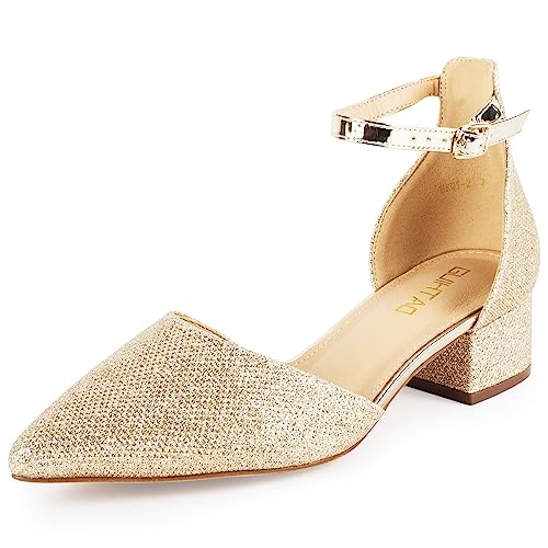 GUIHTAO Damen Spitze Zehe Low Chunky Heels Pumps Knöchelriemen Geschlossene Zehe Kleid Schuhe Hochzeit Pumps, Gold / Glitzer, 40.5 EU von GUIHTAO
