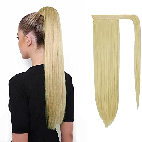 Pferdeschwanz 60 cm lang glatt gewickelt Verlängerung Kunsthaar Haarverlängerung Extensions Lockig Clip in Ponytail Haarteil für Frauen (Bleichblond 613#) von GUILOPOER