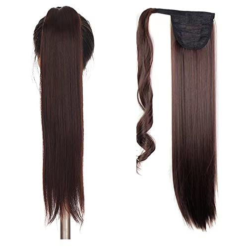 Pferdeschwanz 60 cm lang glatt gewickelt Verlängerung Kunsthaar Haarverlängerung Extensions Lockig Clip in Ponytail Haarteil für Frauen (Rötliches Dunkelbraun 2/33#) von GUILOPOER