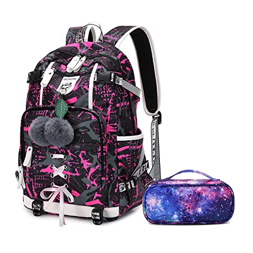 GUIVITU Schulrucksack Mädchen Teenager Rucksack Schule Jungen Schulranzen Maedchen Groß Schultasche Damen Oxford Wasserdicht School Bags for Girls Backpack Daypacks mit Federmäppchen Set (Rosa) von GUIVITU