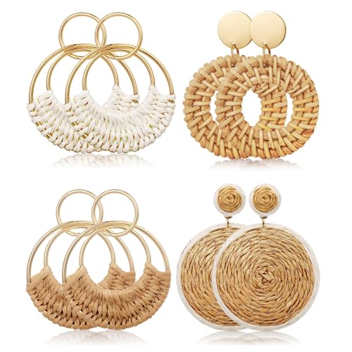 4 Paare Rattan-Ohrringe, Boho Ohrringe, Bohemian Raffia Hoop Baumeln Ohrring e, Statement Ohrring e, Sommerferiengeschenke Für Frauen Und Mädchen von GUIZIYAO