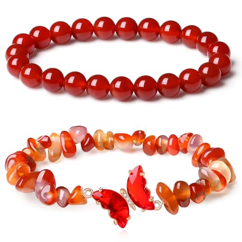 GUJOXILA 2pcs Karneol Rotes Armband Damen Rotes Heilstein Armband Edelsteine Armbänder für Damen, Kugeln Splitterarmband Elastische Armbänder Glucksbringer Geschenk für Frauen von GUJOXILA