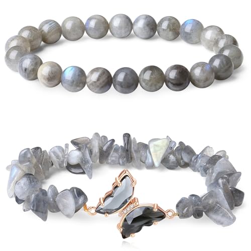 GUJOXILA 2pcs Mondstein Armband Damen Heilstein Armband Edelsteine Armbänder für Damen, Kugeln Splitterarmband Elastische Armbänder Glucksbringer Geschenk für Frauen von GUJOXILA