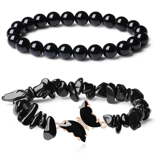 GUJOXILA 2pcs Obsidian Armband Damen Heilstein Armband Edelsteine Armbänder für Damen, Kugeln Splitterarmband Elastische Armbänder Glucksbringer Geschenk für Frauen von GUJOXILA
