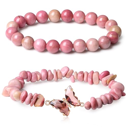 GUJOXILA 2pcs Rhodonit Armband Damen Heilstein Armband Edelsteine Armbänder für Damen, Kugeln Splitterarmband Elastische Armbänder Glucksbringer Geschenk für Frauen von GUJOXILA
