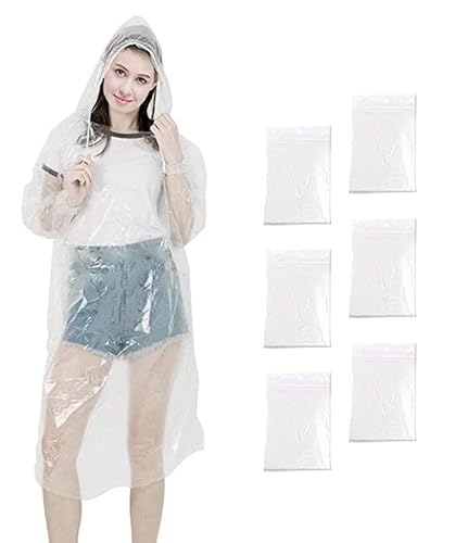 GUKOY Einweg Regenponcho Regencape, Transparent Regencape Festival, Regen Poncho mit Kapuze und Ärmeln, Regenponcho Wasserdicht Geeignet für Camping Radfahren Wandern (6 Stück Transparent) von GUKOY