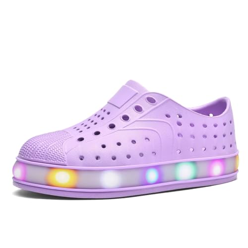 GULAKY Barfußschuhe Kinder Wasserschuhe Hausschuhe Junge Light up Badeschuhe Sandalen Aquaschuhe Strandschuhe LED-Streifen Schlappen Kindergartenschuhe Mädchen SlipStop Sommer,Purple,160 von GULAKY