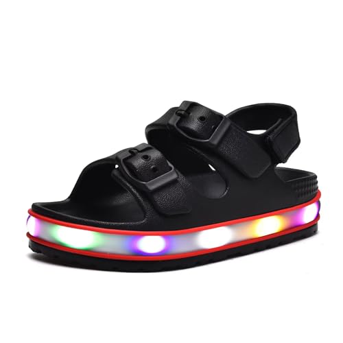 GULAKY Kinder Sandalen Mädchen Light up Badelatschen Wasserschuhe Hausschuhe Junge Kindergarten LED-Streifen Schlappen Verstellbare Schnalle Rutschfeste Klettverschluss Sandaletten Sommer,Black,5 von GULAKY