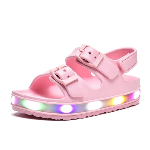 GULAKY Kinder Sandalen Mädchen Light up Badelatschen Wasserschuhe Hausschuhe Junge Kindergarten LED-Streifen Schlappen Verstellbare Schnalle Rutschfeste Klettverschluss Sandaletten Sommer,Pink,9 von GULAKY
