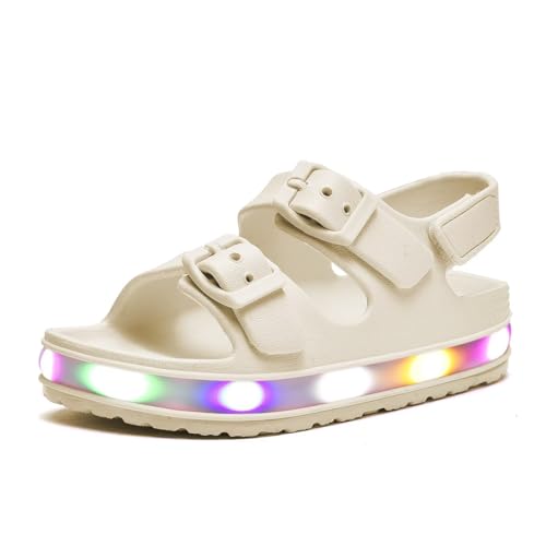 GULAKY Kinder Sandalen Mädchen Light up Badelatschen Wasserschuhe Hausschuhe Junge Kindergarten LED-Streifen Schlappen Verstellbare Schnalle rutschfeste Klettverschluss Sandaletten Sommer,Beige,7 von GULAKY