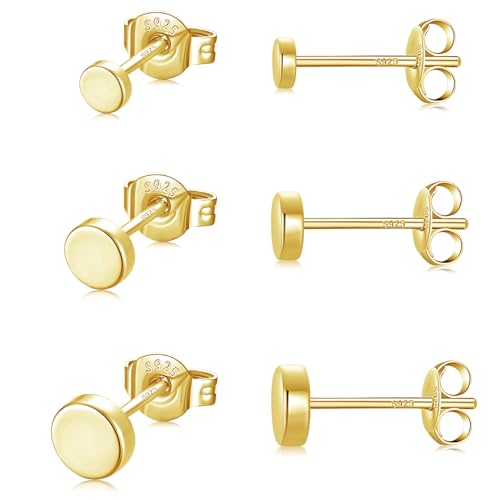 GULICX Silber/Gold/Rosegold Ohrstecker für Damen Herren Mädchen,3Paar Hypoallergen 925 Stering Silber Klein Ohrringe Rund Flach Set, Knorpel Tragus Helix Sleeper Ohrstecker 3/4/5mm (Gold-3/4/5mm) von GULICX