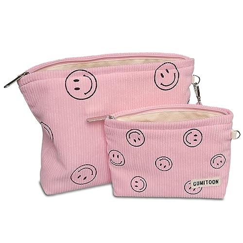 GUMITOON Corduroy Kosmetiktaschen für Frauen Lächeln Make-up Organizer Aufbewahrung Make-up Tasche Große Kapazität Geldbörse Reise Toilettenartikel Reißverschluss Aufbewahrungstasche Make up Pinsel von GUMITOON