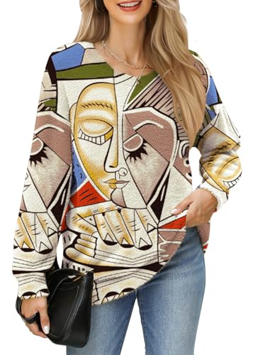 GUNEST Damen-Pullover mit Rundhalsausschnitt, langärmelig, Boho-Druck, lockere Passform, lässiger Strickpullover, Gesicht 1, M von GUNEST