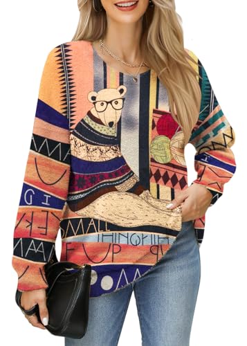 GUNEST Weihnachtspullover für Damen, übergroß, klobig, trendig, niedlich, warm, flauschig, Rundhalsausschnitt, langer Strickpullover, Tunika-Pullover, bär, M von GUNEST