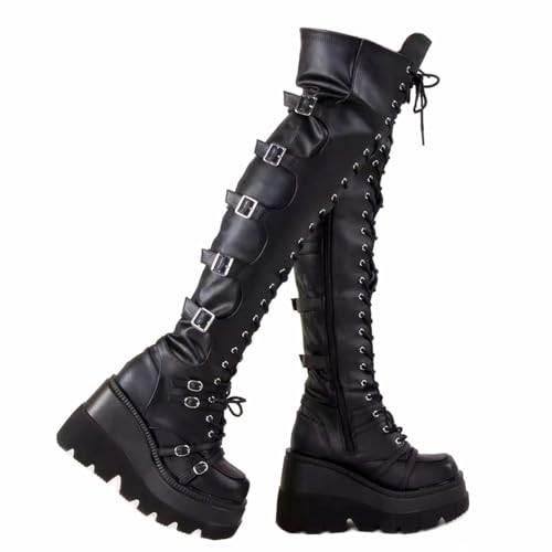 GUNIYIFS Overknee-Stiefel für Damen Goth Punk Stiefel Oberschenkelhohe Stiefel Damen Motorradstiefel mit Schnallen Seitliche Schnürstiefel, Schwarz, 42.5 EU GUNIYIFS Overknee-Stiefel für Damen Goth Punk Stiefel Oberschenkelhohe Stiefel Damen Motorradstiefel mit Schnallen Seitliche Schnürstiefel, Schwarz, 42.5 EU von GUNIYIFS