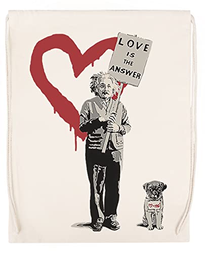 Banksy Einstein Love is The Answer Beige Sport Reise Sporttasche Langlebig Umweltfreundlich Drawstring Gym Bag von GUNMANTOR