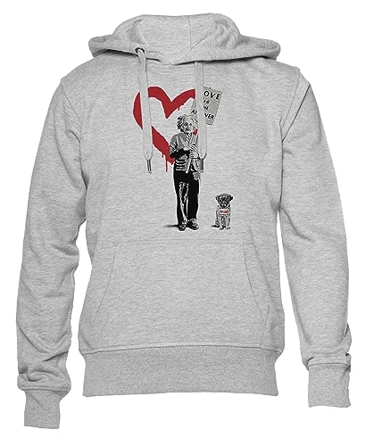 GUNMANTOR Banksy Einstein Love is The Answer Grauer Kapuzenpullover Herren Damen Unisex Langarm Ärmel Grey Hoodie Mens Womens von GUNMANTOR