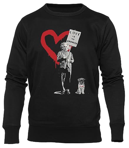 GUNMANTOR Banksy Einstein Love is The Answer Schwarz Sweater Herren Damen Unisex Langarm Ärmel Rundem Hals Black Jumper Mens Womens von GUNMANTOR