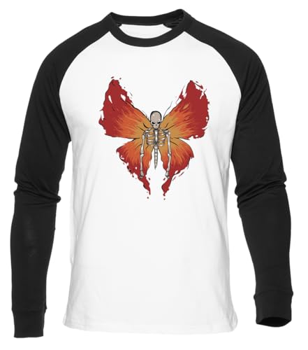 Skelett-Schmetterling Weißes Baseball T-Shirt Herren Damen Unisex Langarm Rundem Hals White Mens Womens von GUNMANTOR