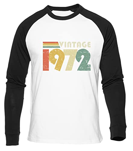 Vintage 1972 50th Birthday Weißes Baseball T-Shirt Herren Damen Unisex Langarm Rundem Hals White Mens Womens XL von GUNMANTOR