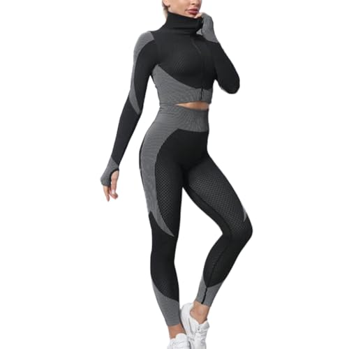 3-teiliges Gym Trainingsanzug-Set für Damen Langarm Zipper Jacke, Stretch-Sport-BH und Hohe Taille Leggings Frauen Fitness Kleidung Jogginganzug Yoga Outfits Outdoor Sportbekleidung Workout-Set F M von GUOCU