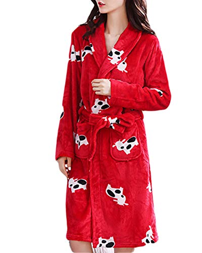 Bademantel Saunamantel Für Damen Flanell Bademantel Eleganter Und Kuschelweicher Bademantel Saunamantel Für Damen Mit Edlem Reverskragen Und Bindegürtel Weich Und Warm Pyjama ,Rot 2,Einheitsgröße von GUOCU