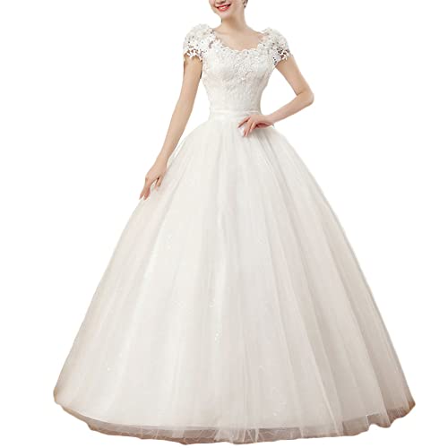 Brautkleid Hochzeitskleider Lang Prinzessin Brautmode Tüll Herzausschnitt A-Linie Brautmode mit Schnürung Elegant Bodenlang Brautkleider,Weiß,XS von GUOCU