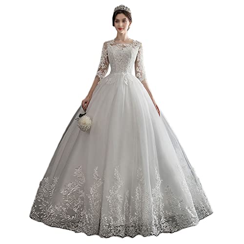 Brautkleid Lang Prinzessin Tüll Hochzeitskleid Standesamt Vintage Brautmode A-Linie Ballkleid Spitzen Lang Vintage Lang Prinzessin Elegant Bodenlang Brautkleider,Weiß1,L von GUOCU