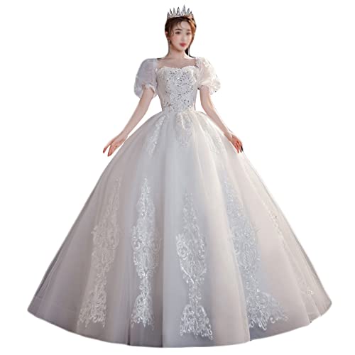 Brautkleid Lang Prinzessin Tüll Hochzeitskleid Standesamt Vintage Brautmode A-Linie Ballkleid Spitzen Lang Vintage Lang Prinzessin Elegant Bodenlang Brautkleider,Weiß2,6XL von GUOCU