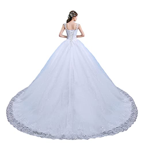Brautkleider Hochzeitskleider Prinzessin A-Linie Lang Brautmode Glitzer Spitzen Strand Brautkleid mit Perlen Elegant Bodenlang Brautkleider mit Schnürung,Weiß1,M von GUOCU