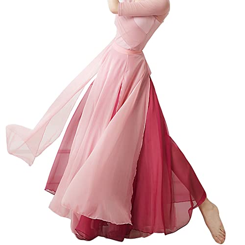 Damen 720 Grad Elegante Verlaufsfarbe Chiffon-Rock Doppelschicht Großer Swing-Rock Ethnischer Stil Flamenca Bühnenkostüm Chinesische Klassik Tanzen Sie fließenden Split-Rock Pink XS von GUOCU