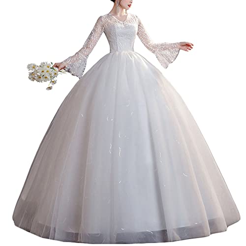 Damen A Linie Prinzessin Tüll Spitze Hochzeitskleider Lange Formale Brautkleider Langarm Spitzenstickerei V-Ausschnitt Vintage Lang Prinzessin Abendkleid,Weiß,XL von GUOCU