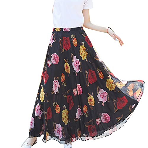 Damen Bunter Rock Chiffon Bohemian Swing Maxi Langer Rock Elastische Taille Vintage-Strand Ausgestellter plissierter Swingrock in A-Linie Freizeitrock Strandrock Heirose L von GUOCU