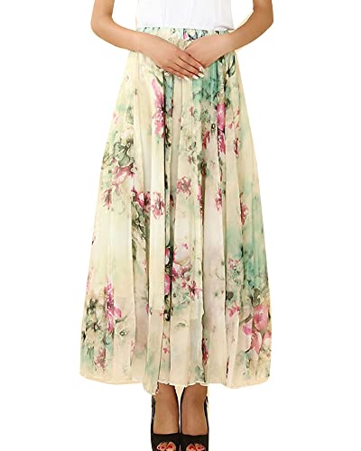 Damen Bunter Rock Chiffon Bohemian Swing Maxi Langer Rock Elastische Taille Vintage-Strand Ausgestellter plissierter Swingrock in A-Linie Freizeitrock Strandrock Rgbo L von GUOCU