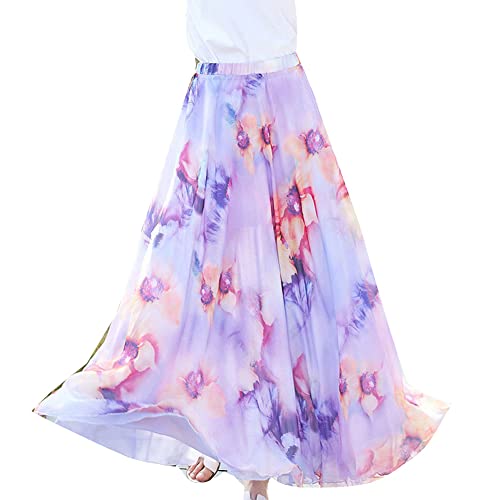 Damen Bunter Rock Chiffon Bohemian Swing Maxi Langer Rock Elastische Taille Vintage-Strand Ausgestellter plissierter Swingrock in A-Linie Freizeitrock Strandrock Zixia L von GUOCU