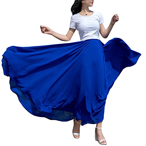 Damen Dreilagig Maxi Large Swing fließender Chiffon-Tanzrock Latein Tänze Walzer Tango Jazz Faltenrock in A-Linie Lässiger Langer Tellerrock Schmaler Strand-Fee-Tanzrock BaoBlau3 S von GUOCU