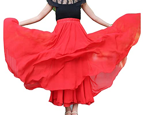 Damen Dreilagig Maxi Large Swing fließender Chiffon-Tanzrock Latein Tänze Walzer Tango Jazz Faltenrock in A-Linie Lässiger Langer Tellerrock Schmaler Strand-Fee-Tanzrock DRot3 M von GUOCU