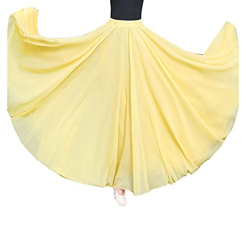 Damen Dreilagig Maxi Large Swing fließender Chiffon-Tanzrock Latein Tänze Walzer Tango Jazz Faltenrock in A-Linie Lässiger Langer Tellerrock Schmaler Strand-Fee-Tanzrock Gelb3 XL von GUOCU