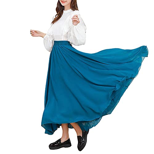 Damen Dreilagig Maxi Large Swing fließender Chiffon-Tanzrock Latein Tänze Walzer Tango Jazz Faltenrock in A-Linie Lässiger Langer Tellerrock Schmaler Strand-Fee-Tanzrock KQBlau3 L von GUOCU