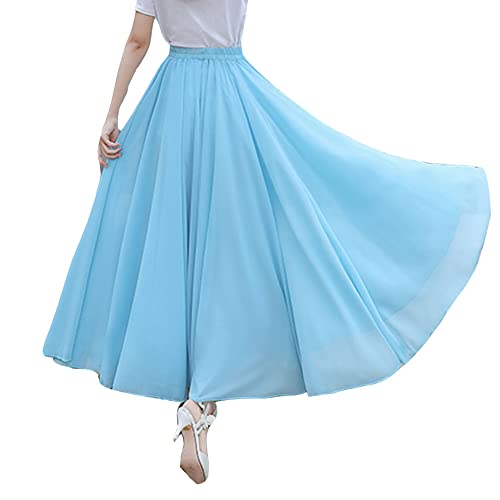 Damen Dreilagig Maxi Large Swing fließender Chiffon-Tanzrock Latein Tänze Walzer Tango Jazz Faltenrock in A-Linie Lässiger Langer Tellerrock Schmaler Strand-Fee-Tanzrock LiBlau3 L von GUOCU