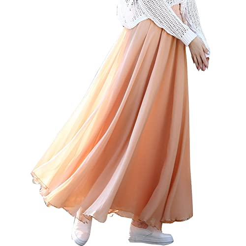 Damen Dreilagig Maxi Large Swing fließender Chiffon-Tanzrock Latein Tänze Walzer Tango Jazz Faltenrock in A-Linie Lässiger Langer Tellerrock Schmaler Strand-Fee-Tanzrock Likhaki3 S von GUOCU