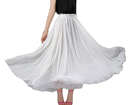 Damen Dreilagig Maxi Large Swing fließender Chiffon-Tanzrock Latein Tänze Walzer Tango Jazz Faltenrock in A-Linie Lässiger Langer Tellerrock Schmaler Strand-Fee-Tanzrock PureWeiss3 L von GUOCU