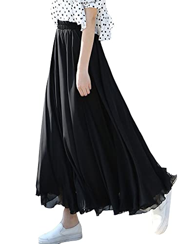 Damen Dreilagig Maxi Large Swing fließender Chiffon-Tanzrock Latein Tänze Walzer Tango Jazz Faltenrock in A-Linie Lässiger Langer Tellerrock Schmaler Strand-Fee-Tanzrock Schwarz3 L von GUOCU